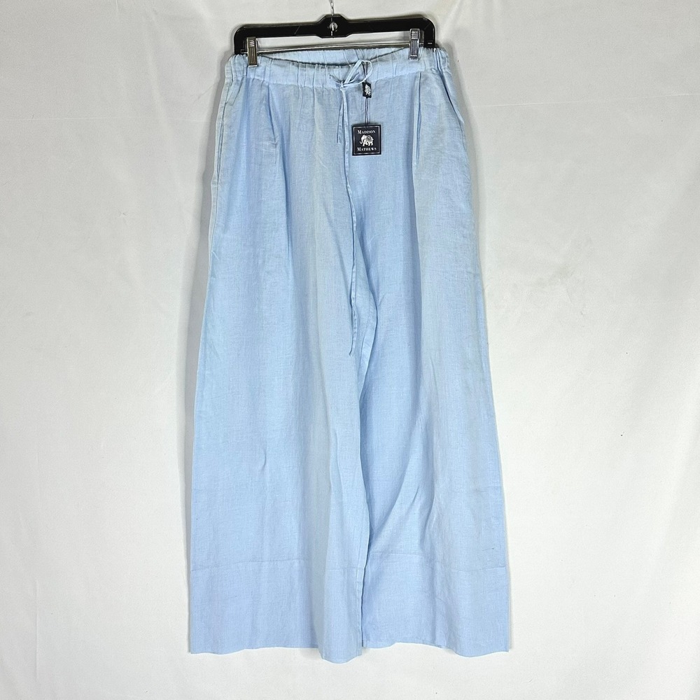 Madison Mathews Women's Sz M Wide Leg Linen Pants Blue Coastal Resortwear NWT